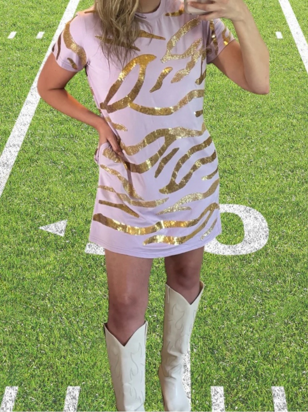 Sash Clothing Bar Lavender Tee Dress with Gold Sequin Stripes